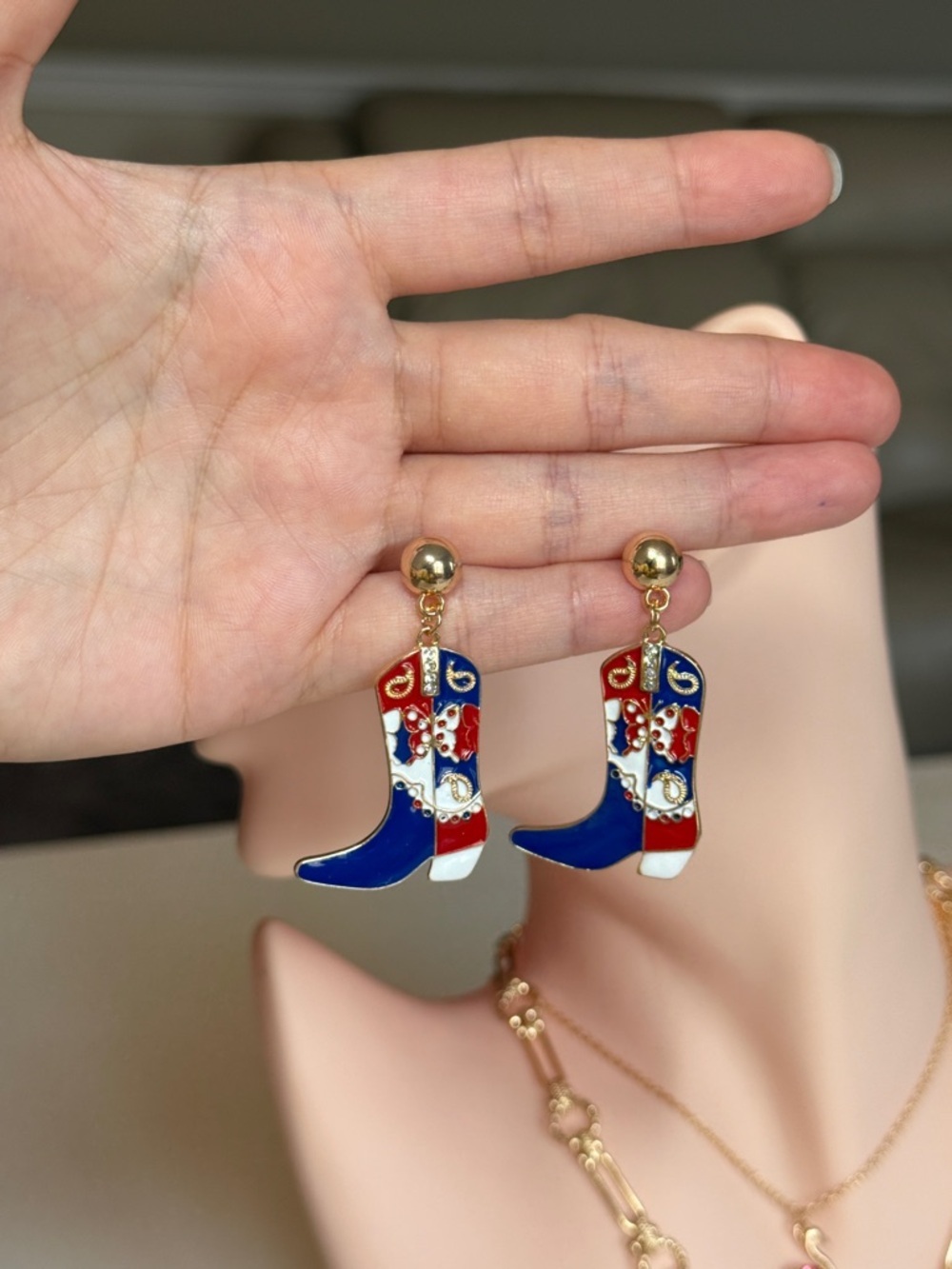 Gold Red, White & Blue Cowgirl Boot Drop Earrings - Picture 10 of 11